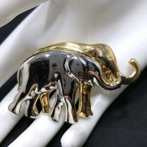 Vintage Liz Claiborne Elephants Brooch, Gold Silver Tone, Trunks Up, 2 1/2 Inch